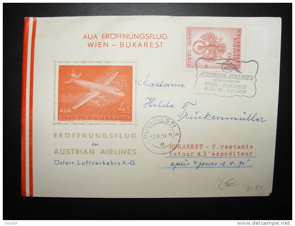 1959 WIEN BUKAREST BUCARESTI  ERSTFLUG PREMIER VOL FIRST FLIGHT  AUSTRIAN AIRLINES  AUTRICHE AUSTRIA - Premiers Vols