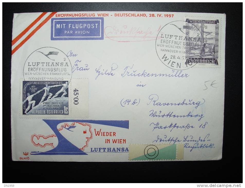 1957 WIEN MÜNCHEN FRANKFURT HANNOVER HAMBURG DEUTSCHLAND LUFTHANSA  ERSTFLUG PREMIER VOL FIRST FLIGHT  AUTRICHE AUSTRIA - Premiers Vols
