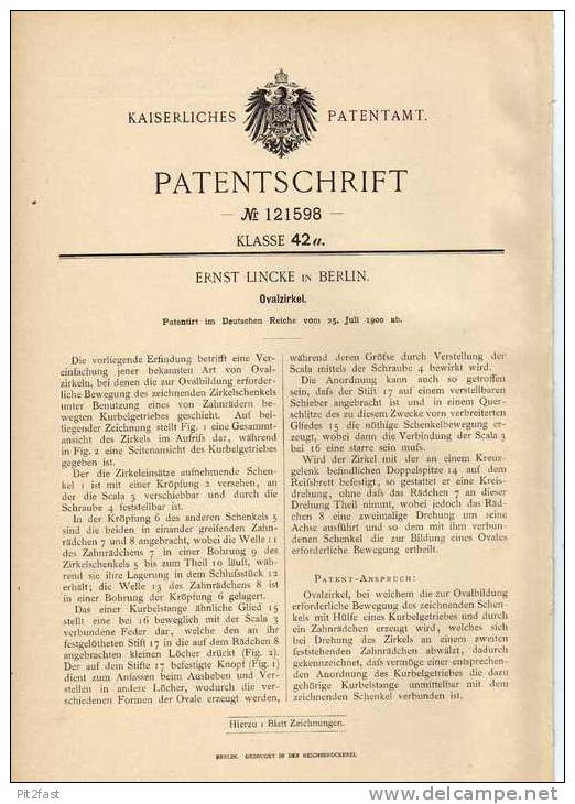 Original Patentschrift - E. Lincke In Berlin , 1900 , Zirkel , Ovalzirkel , Geometrie !!! - Architecture