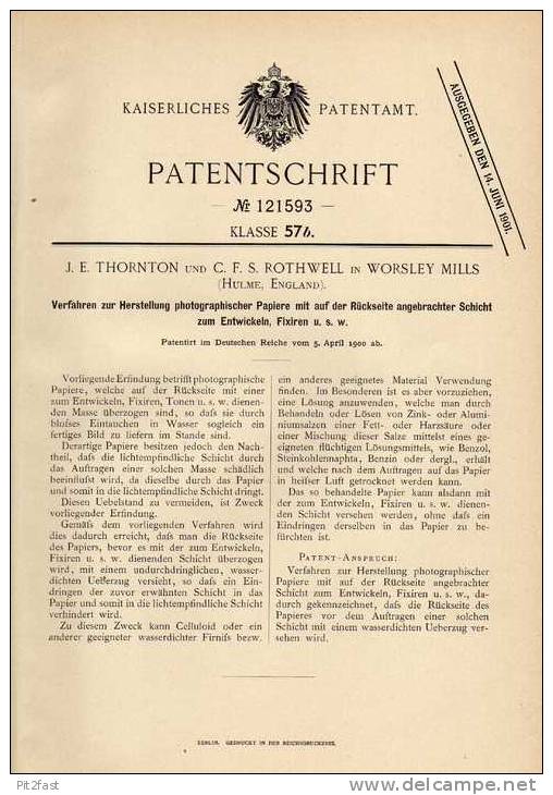 Original Patentschrift - J, Thornton In Worsley Mills , 1900, Photographie , Entwicklung , Photo , Hulme , England !!! - Supplies And Equipment