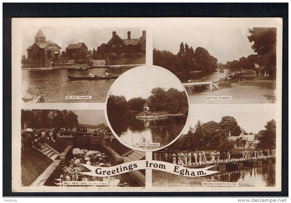 RB 854 - Early Real Photo Multiview Postcard - Greetings From Egham Surrey - River Thames - Surrey