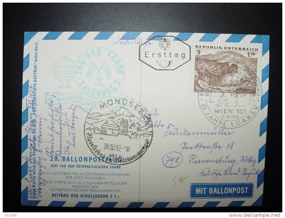 1962 WIEN TAG DER FAHNE SALZBURG  BALLON POST FLUG  SALZBURG AUTRICHE AUSTRIA - Premiers Vols