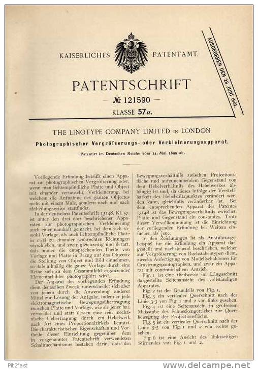 Original Patentschrift - The Linotype Comp. In London , 1899 , Photogr. Vergrößerungsapparat , Photographie !!! - Fotoapparate