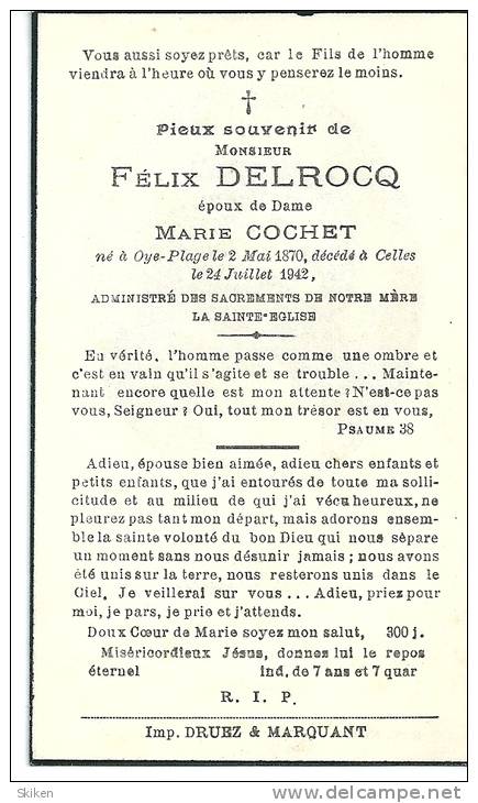 OYE PLAGE CELLES  FELIX DELROCQ  2.05.1870 - 24.07.1942 - Autres & Non Classés