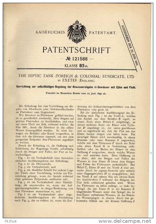 Original Patentschrift - Septic Tank Syndicate In Exeter , 1899, Abwasser Vorrichtung Für Gewässer Mit Ebbe Und Flut !!! - Architektur