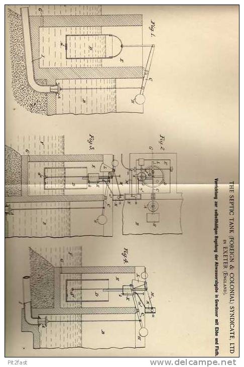 Original Patentschrift - Septic Tank Syndicate In Exeter , 1899, Abwasser Vorrichtung Für Gewässer Mit Ebbe Und Flut !!! - Architektur