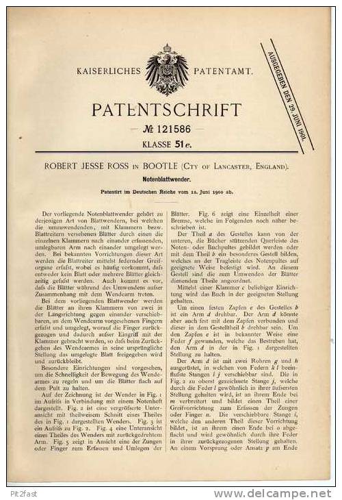 Original Patentschrift - Wender Für Notenblatt  , 1900 , R. Ross In Bootle , Lancaster , England , Noten !!! - Objetos Derivados