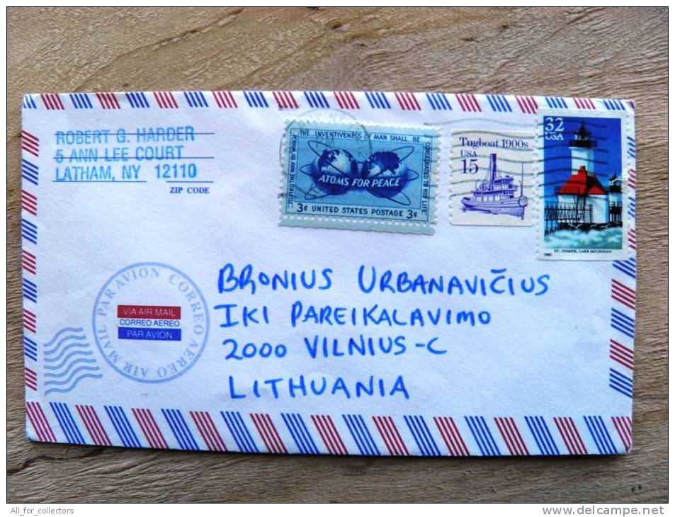 Cover Sent From USA To Lithuania, Lighthouse, Globus Map, Atoms For Peace, Tugboat Ship - Covers & Documents