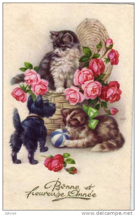 Bonne Et Heureuse Fète - Animaux - Chats - Chien - Fleurs - Roses - Balle - Pannier - - Autres & Non Classés