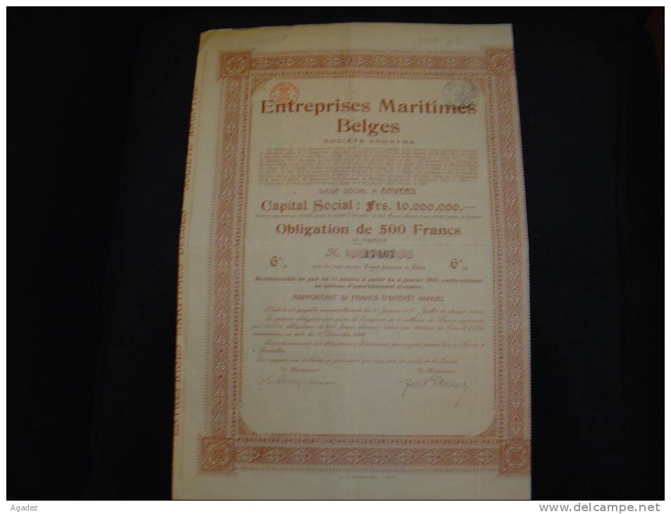 Obligation"Entreprises Maritimes Belges"Anvers /Antwerpen 1920 Bon état,reste Des Coupons. - Navegación