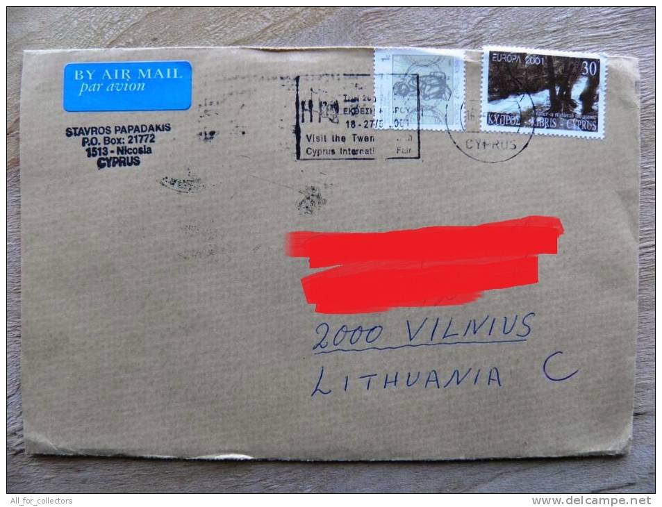 Cover Sent From Cyprus To Lithuania, Europa Cept, 2001, River, Water, - Covers & Documents