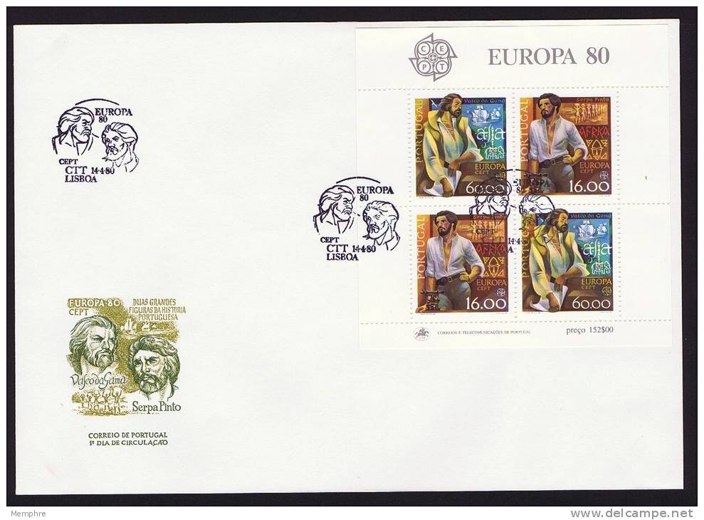 EUROPA CEPT FDC BLOC 1980 Vaco De Gama Et Serpa Pinto Découvreurs - FDC