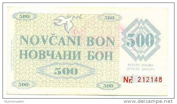 BOSNIA , 500 DINARA 11.5.1992. HANDSTAMP ZENICA , P-7g , AUNC - Bosnia And Herzegovina