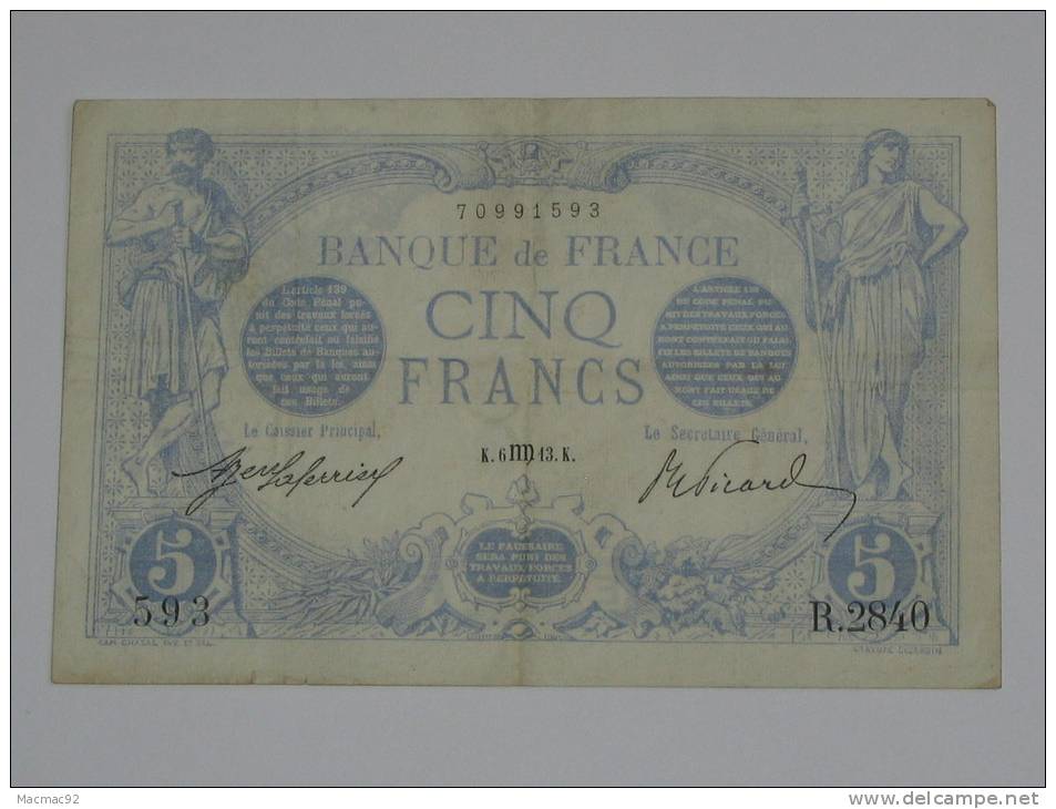 5 Francs - Cinq Francs Bleu - Type 1905 - Août 1913 (Vierge) - 5 F 1912-1917 ''Bleu''