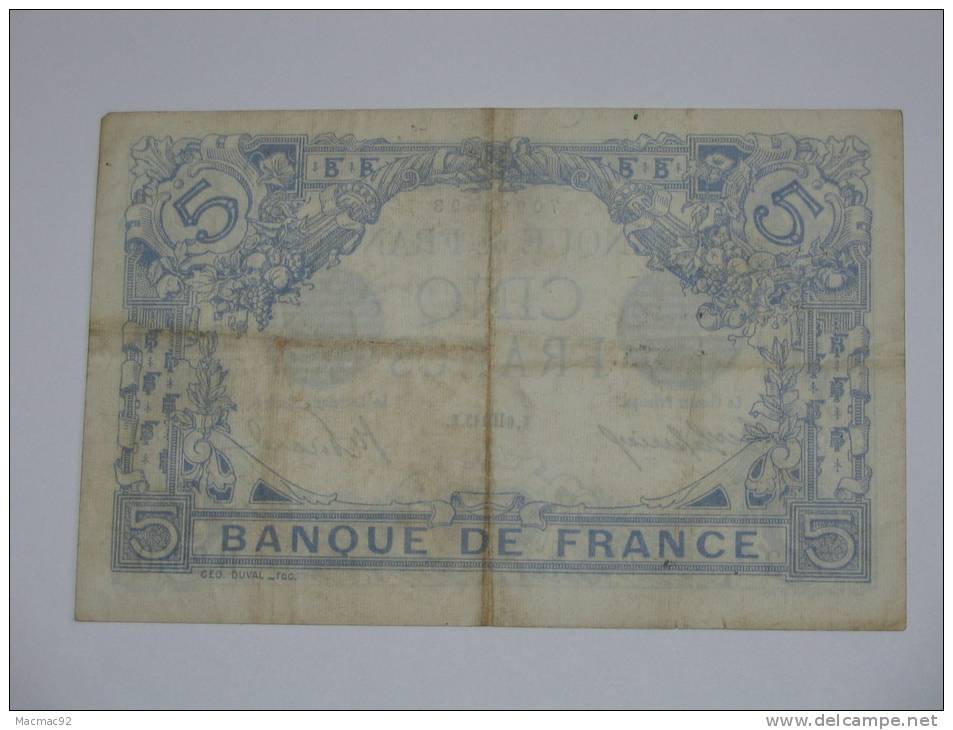 5 Francs - Cinq Francs Bleu - Type 1905 - Août 1913 (Vierge) - 5 F 1912-1917 ''Bleu''