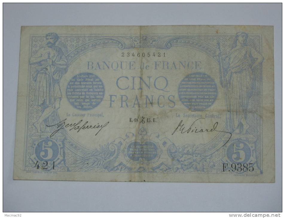 5 Francs - Cinq Francs Bleu - Type 1905 - Décembre 1915 (Capricorne) - 5 F 1912-1917 ''Bleu''