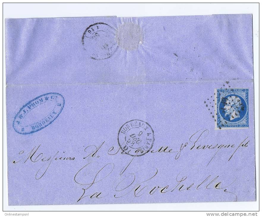 France: Yv  14A , 1858, Bordeaux A La Rochelle, Cachet BP 1, Bordeaux A Paris - 1849-1876: Période Classique