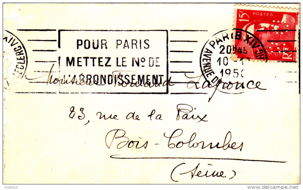 SG Société Générale Perforé Sur Gandon 1950 - Perforated Perforiert - Lettre - Autres & Non Classés