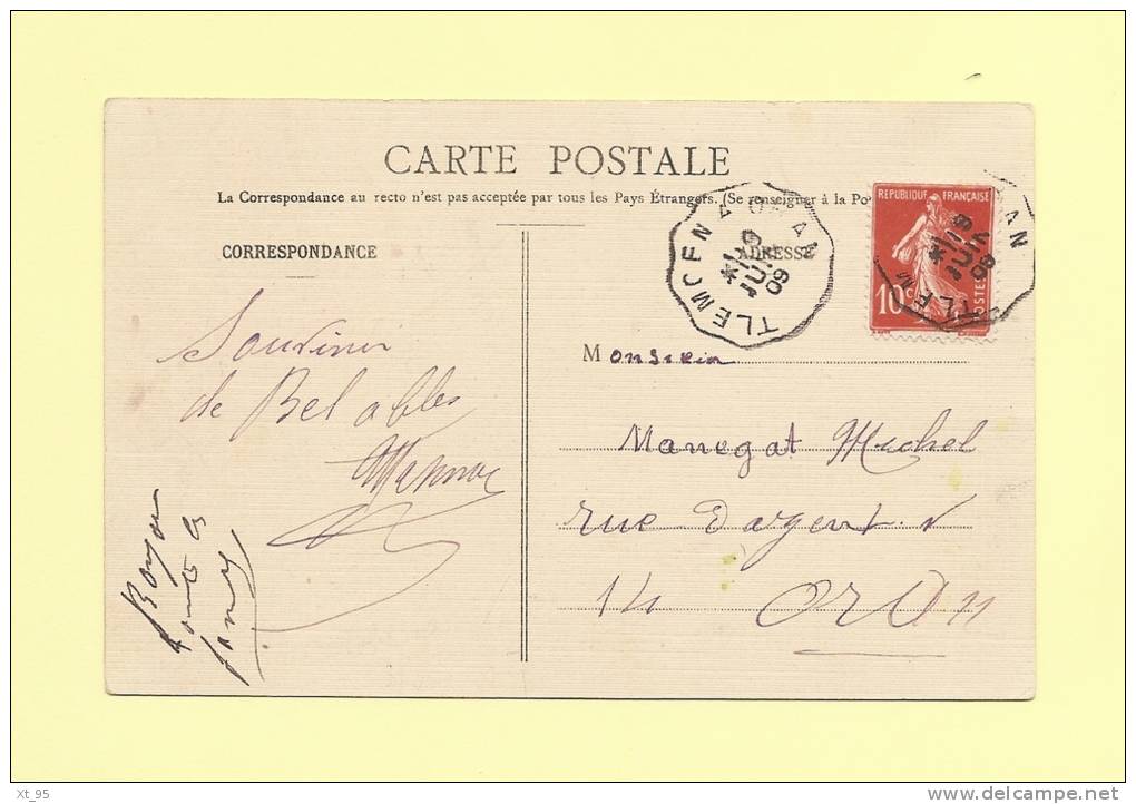 Convoyeur Tlemcen A Oran - 19 Juil 1909 - Sur Cpa Oudjda - Type Semeuse - Spoorwegpost