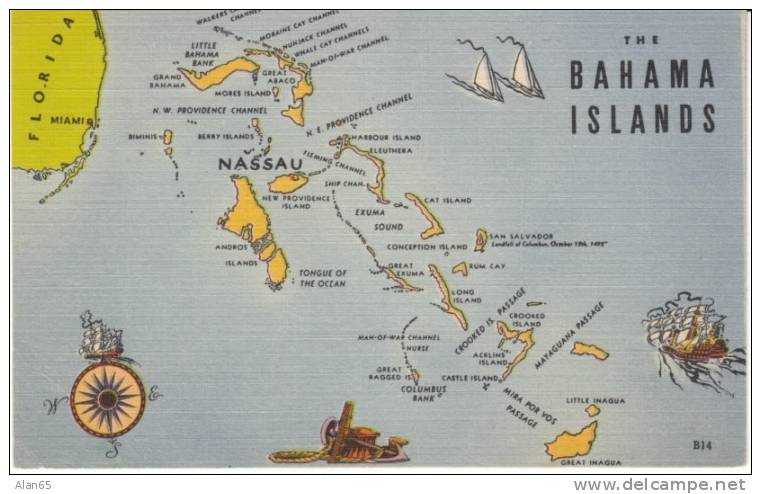 Map Of Bahama Islands, C1930s/40s Vintage Linen Postcard - Bahamas