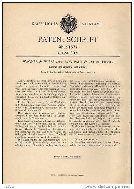 Original Patentschrift - Asthma - Räuchermittel Mit Zünder , 1900 , Wagner & Wiebe In Leipzig , Rauchen , Tabak !!! - Documentos