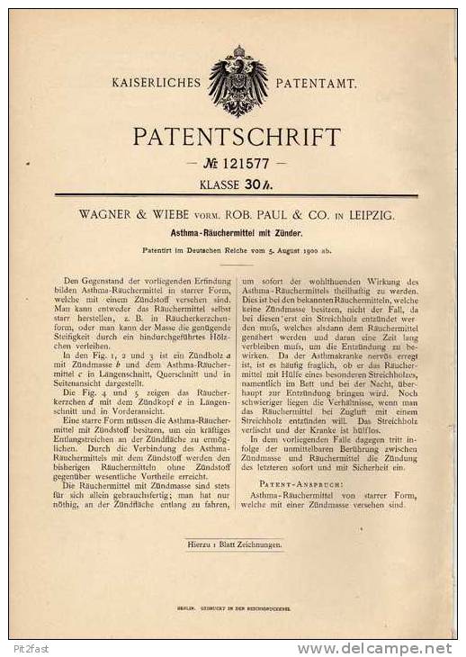 Original Patentschrift - Asthma - Räuchermittel Mit Zünder , 1900 , Wagner & Wiebe In Leipzig , Rauchen , Tabak !!! - Dokumente