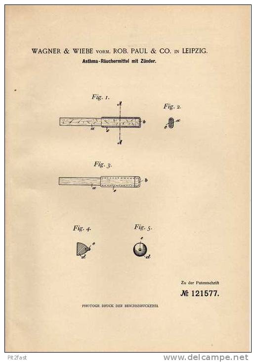 Original Patentschrift - Asthma - Räuchermittel Mit Zünder , 1900 , Wagner & Wiebe In Leipzig , Rauchen , Tabak !!! - Documenten