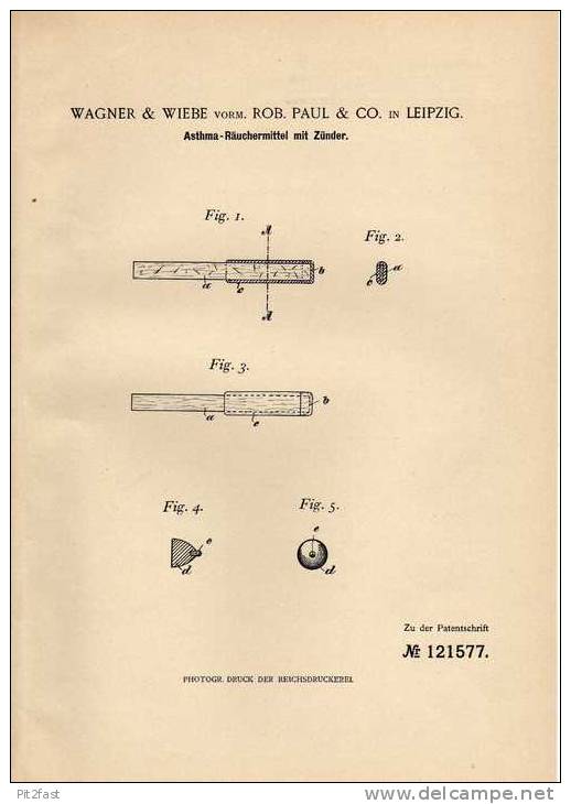 Original Patentschrift - Asthma - Räuchermittel Mit Zünder , 1900 , Wagner & Wiebe In Leipzig , Rauchen , Tabak !!! - Documents