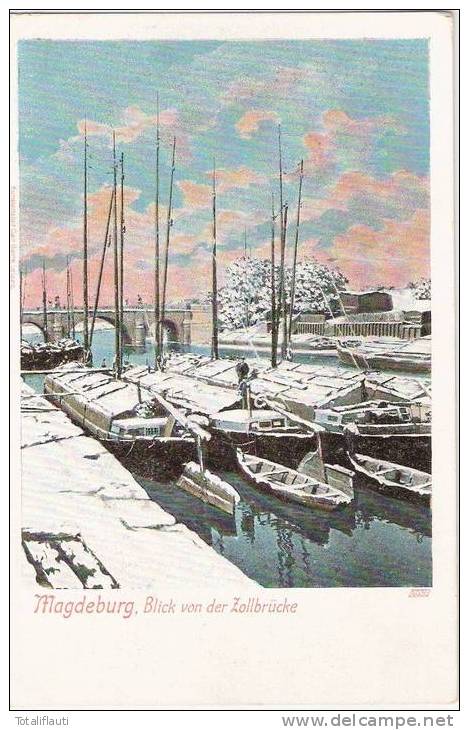 Magdeburg Elbe Fracht Schiffe Im Schnee Winter Color Blick Voon Der Zoll Brücke Ungeteilte Rückseite Also 1905 Oder Früh - Magdeburg