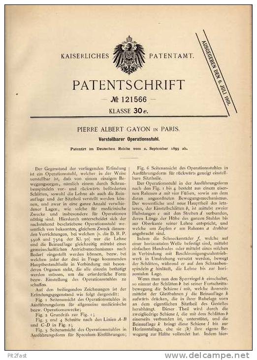 Original Patentschrift - Stuhl Für Operation , 1899, P. Gayon In Paris , Arzt , Chirurg , OP !!! - Sonstige & Ohne Zuordnung