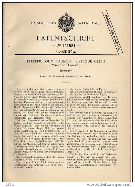 Original Patentschrift - Gasbrenner , 1900 , F. Beaumont In Stroud Green , England !!! - Lantaarns & Kroonluchters