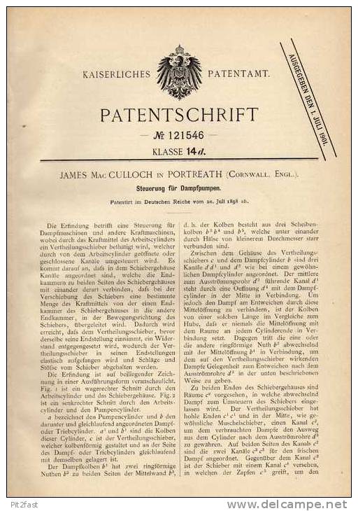 Original Patentschrift - Steuerung Für Dampfpumpen , 1898 , J. Culloch In Portreath , Dampfmaschine !!! - Máquinas