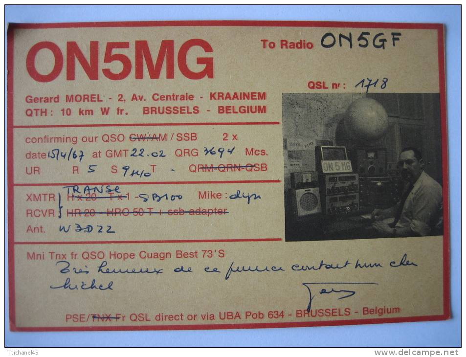 KRAAINEM - Kaart Carte Radio Amateur 1967 - ON5MG - GERARD MOREL - Kraainem