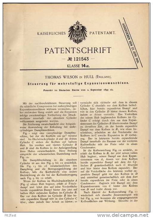 Original Patentschrift - Mehrstufige Expansionsmaschine , 1899, T. Wilson In Hull , England !!! - Maschinen