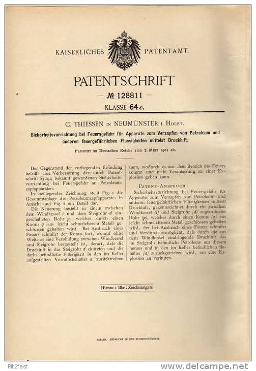 Original Patentschrift - Sicherheitsanlage Bei Feuer , 1901, C. Thiessen In Neumünster I. Holstein , Feuerwehr - Machines