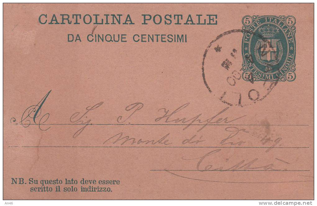 STORIA POSTALE CARTOLINA POSTALE DI STATO DA 5 CENT.11X7 1890 TIMBRO VG SCRITTA RETRO - Posta