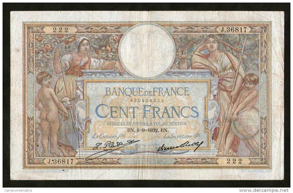 FRANCE - BANQUE De FRANCE - 100 FRANCS (BN. 08 - 09 - 1932) - LUC OLIVIER MERSON - 100 F 1908-1939 ''Luc Olivier Merson''