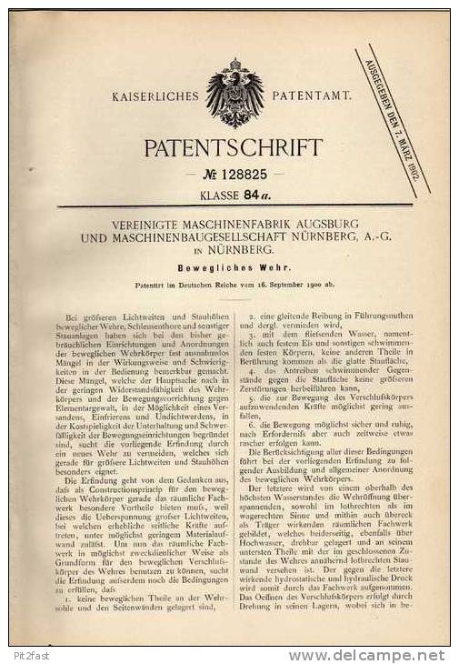 Original Patentschrift - Bewegliches Wehr , Schleuse , Stau ,1900, Maschinenfabrik Augsburg Und Nürnberg !!! - Architecture