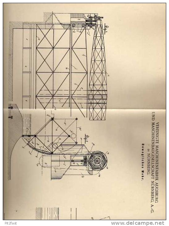 Original Patentschrift - Bewegliches Wehr , Schleuse , Stau ,1900, Maschinenfabrik Augsburg Und Nürnberg !!! - Architecture