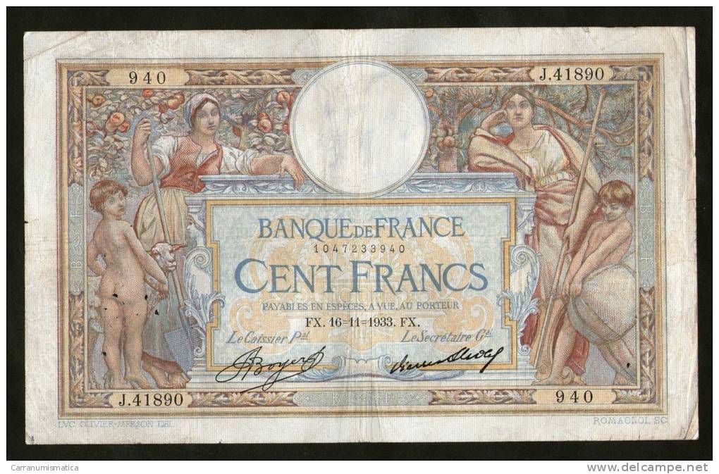 FRANCE - BANQUE De FRANCE - 100 FRANCS "LUC OLIVIER MERSON" (FX. 16  -11 - 1933)FX - 100 F 1908-1939 ''Luc Olivier Merson''