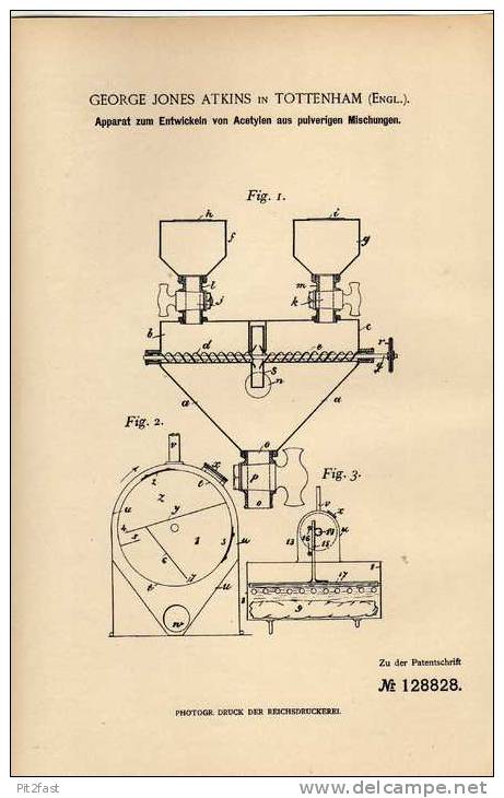 Original Patentschrift - Entwickler Für Acetylen , 1900, G. Atkins In Tottenham , England!!! - Tools