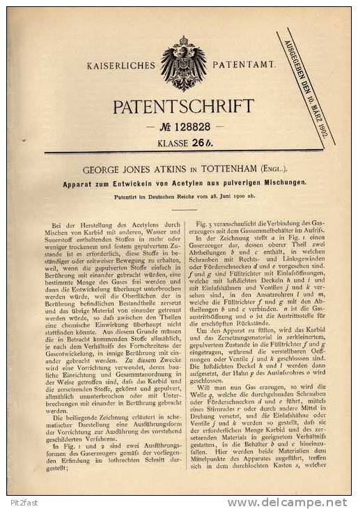 Original Patentschrift - Entwickler Für Acetylen , 1900, G. Atkins In Tottenham , England!!! - Tools