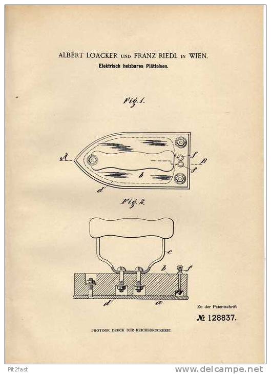 Original Patentschrift - Bügeleisen , Plätteisen , 1901 , F. Riedl In Wien !!! - Tools