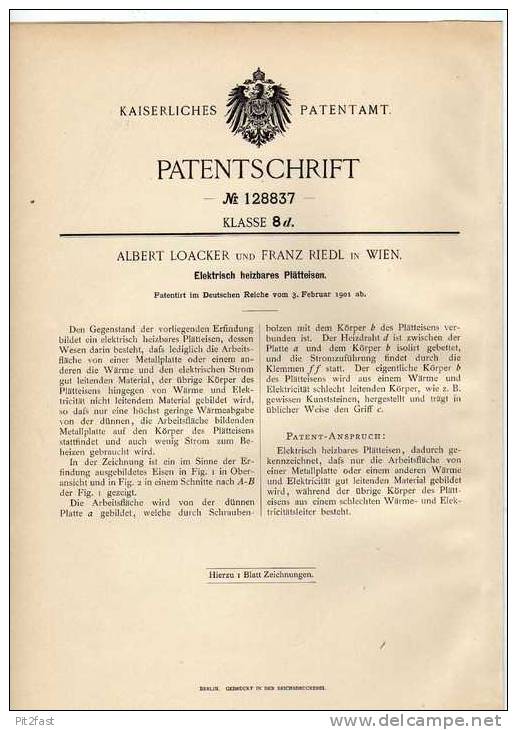 Original Patentschrift - Bügeleisen , Plätteisen , 1901 , F. Riedl In Wien !!! - Maschinen