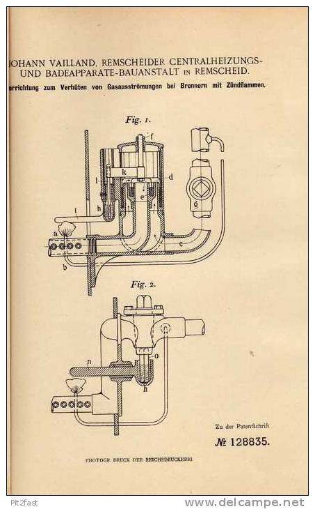 Original Patentschrift - Vailland Centralheizungsbau In Remscheid , 1901, Brenner Mit Zündflamme , Heizung !!! - Maschinen