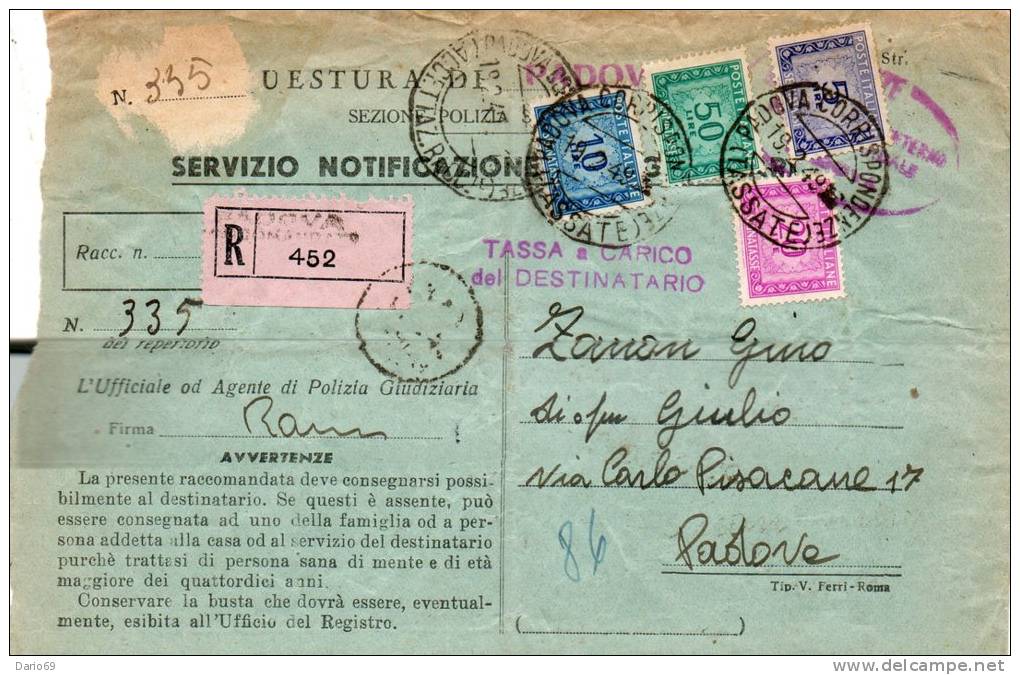 1949 SEGNATASSE LETTERA CON ANNULLO PADOVA SUCC. 2 - Taxe