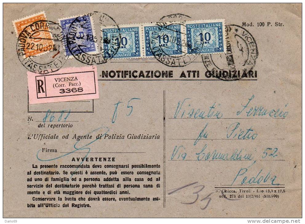 1952  SEGNATASSE LETTERA CON ANNULLO VICENZA - Segnatasse