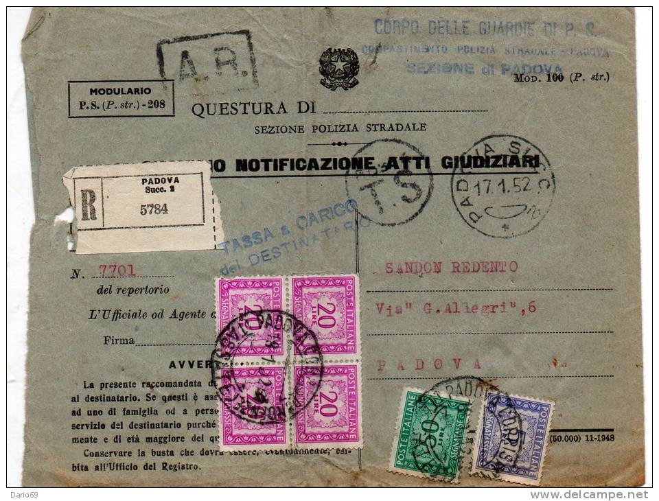 1952  SEGNATASSE LETTERA CON ANNULLO PADOVA - Impuestos