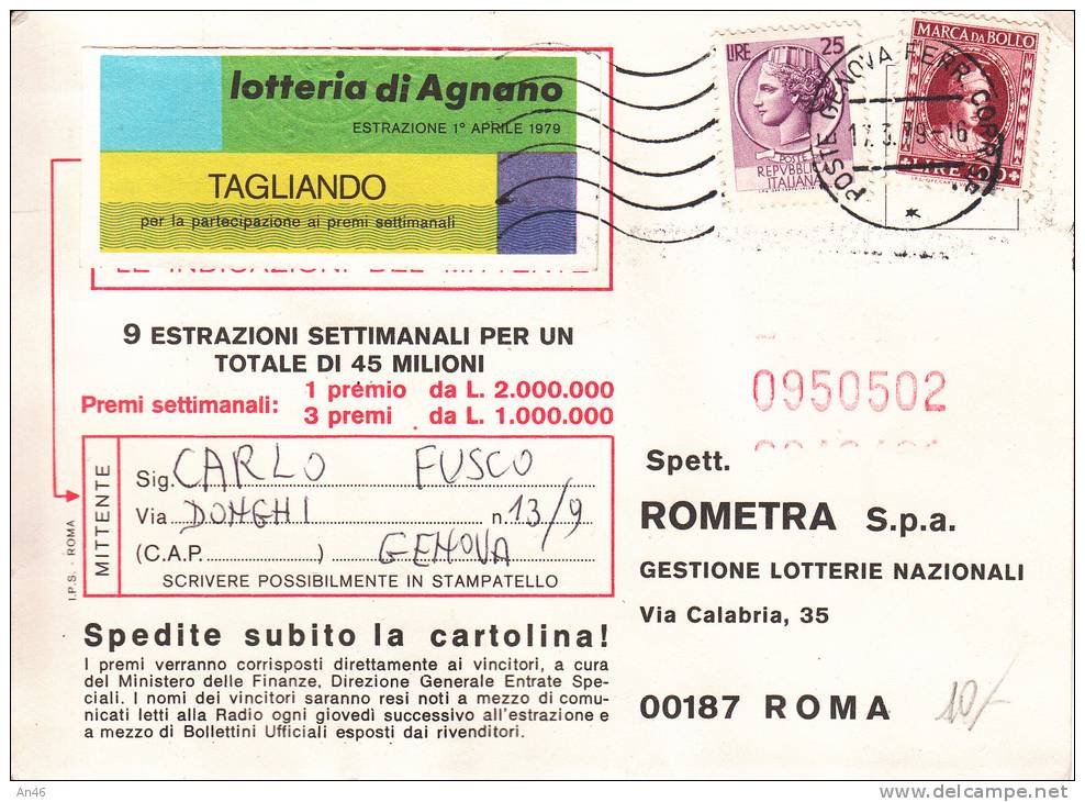 LOTTERIA DI AGNANO CARTOLINA CON TAGLIANDO ANNO 1979 - Lotterielose