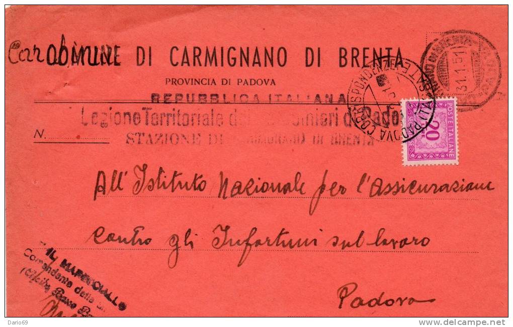 1951  SEGNATASSE LETTERA CON ANNULLO CARMIGNANO DI BRENTA  PADOVA - Taxe